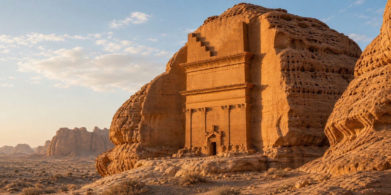 Ancient rock-cut tombs carved into desert cliffs at AlUla, Saudi Arabia