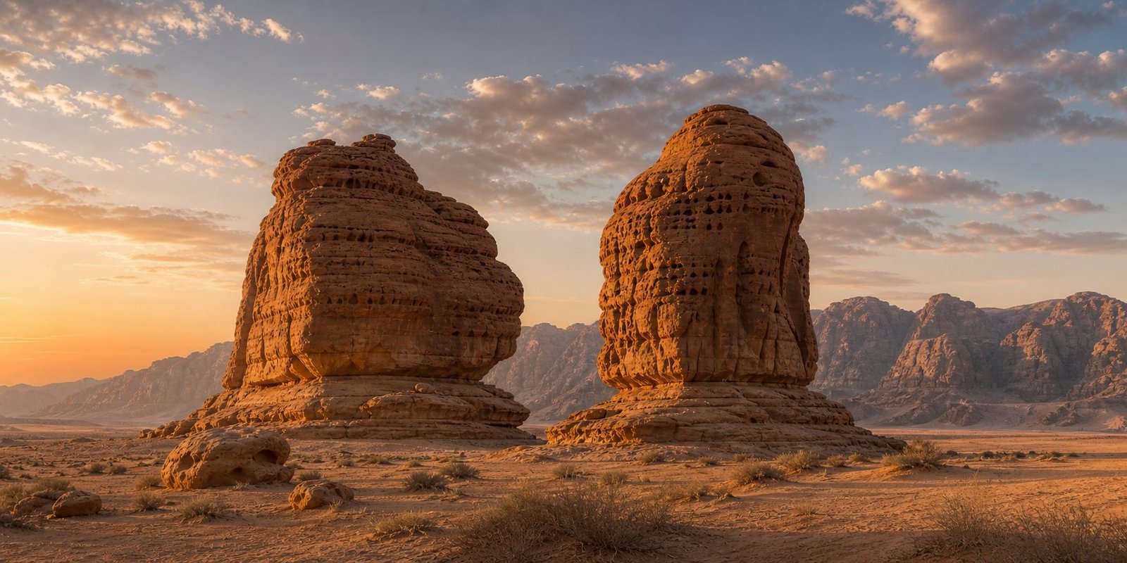 Desert dunes and sandstone rock formations under a clear sky in AlUla, Saudi Arabia
