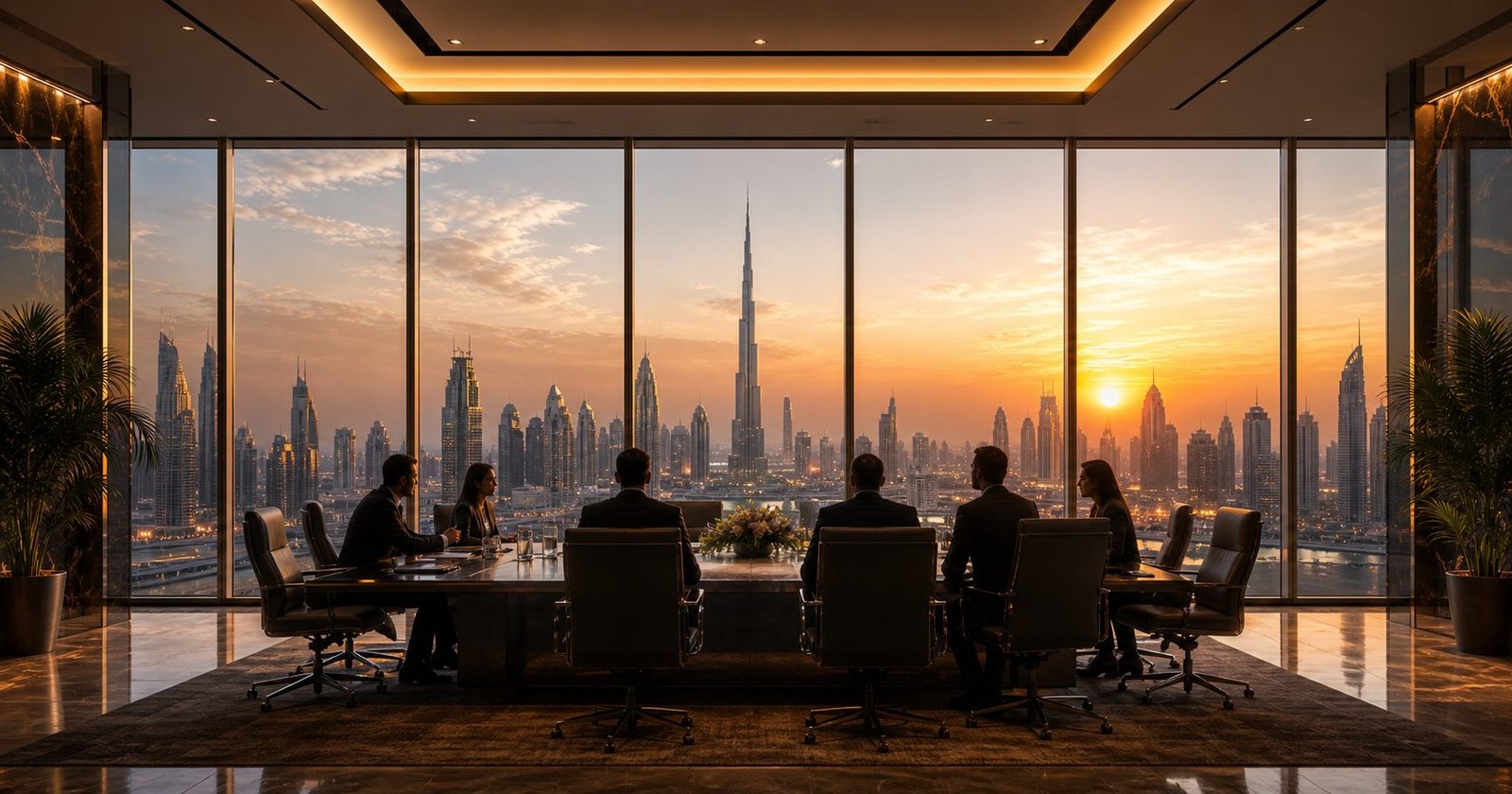Business meeting room with a conference table and floor-to-ceiling Dubai skyline view