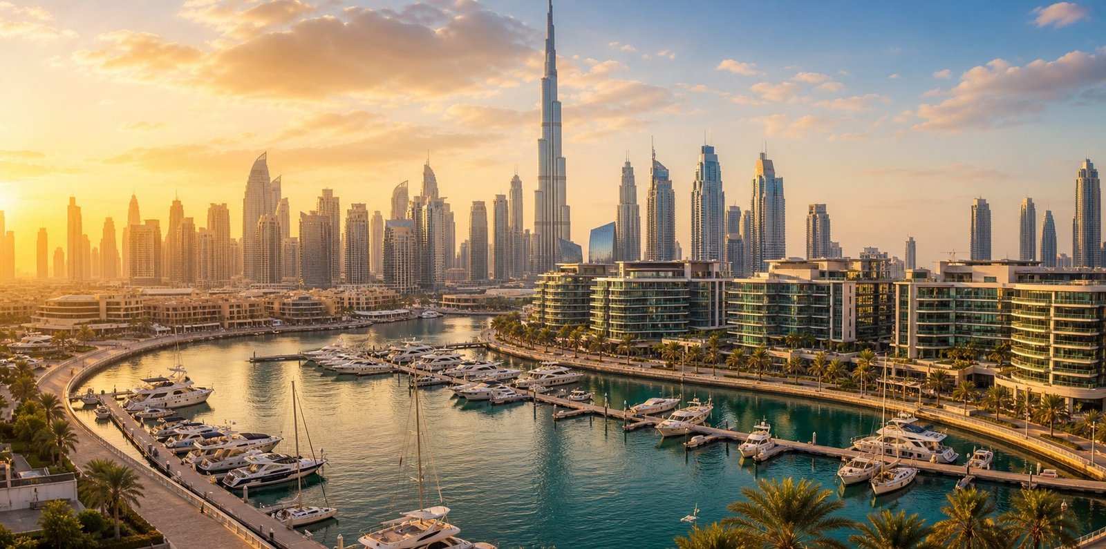 Dubai city skyline at dusk with towers reflected in the waterfront