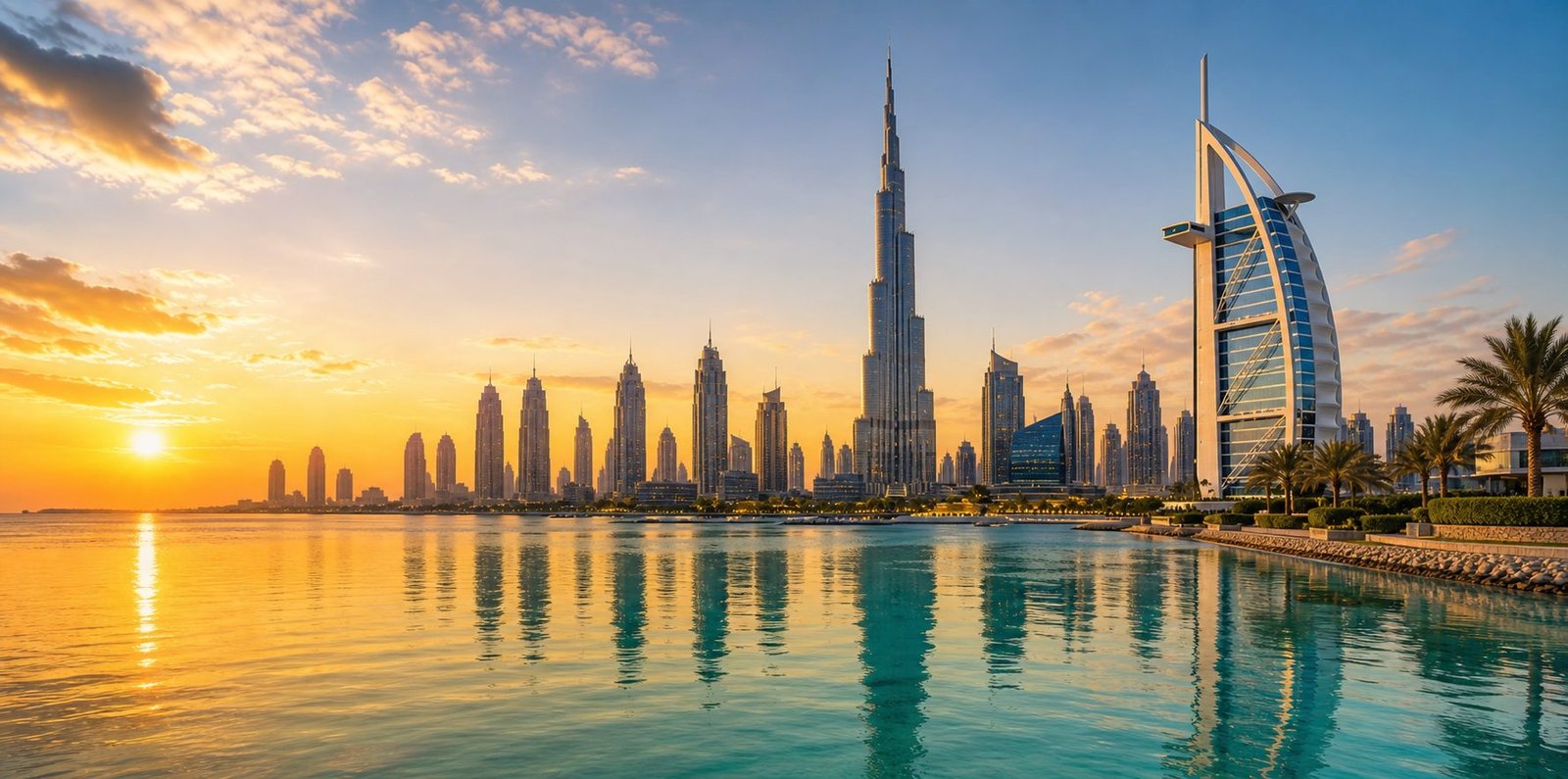 Dubai luxury waterfront with high-rise towers and the Burj Khalifa at golden hour
