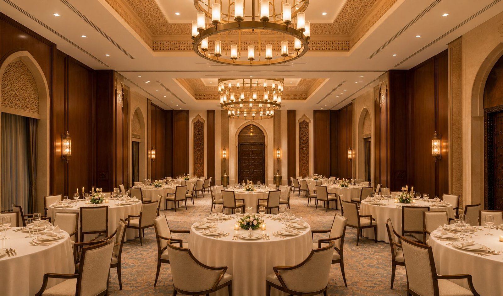 Elegant hotel ballroom with chandeliers and round banquet tables set for an event in Oman