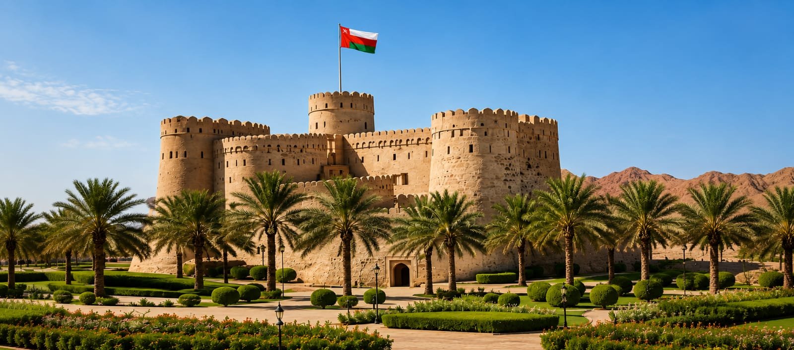 Historic Omani fort with the national flag, framed by palm trees and mountains