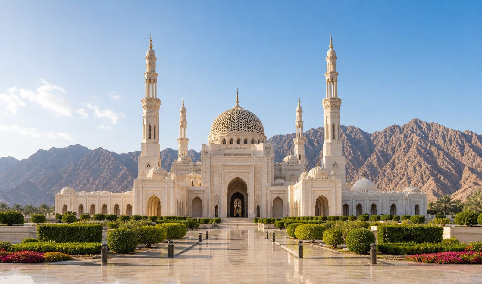 White marble grand mosque with domes and minarets against the Hajar mountains in Oman