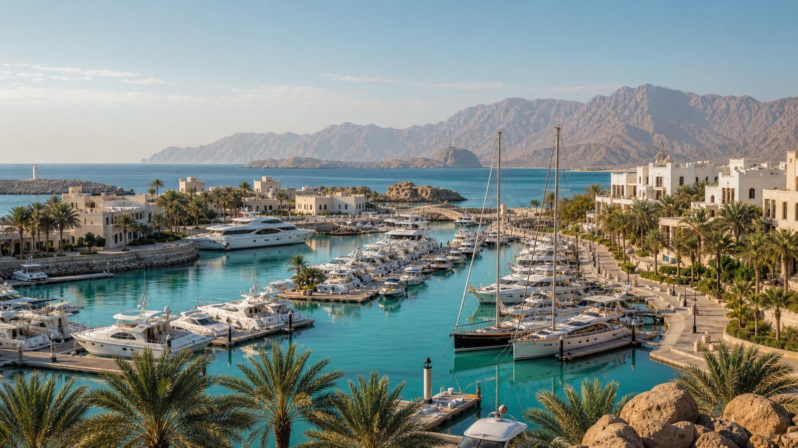 Marina full of yachts beside a palm-lined promenade and turquoise water on the Omani coast