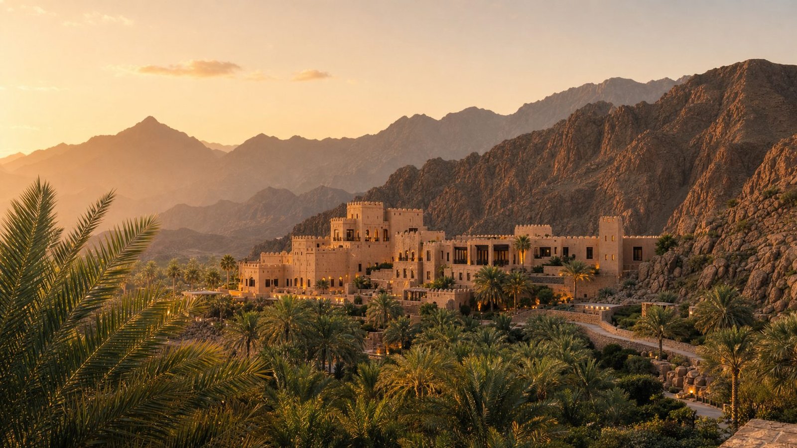 Fort-style luxury resort lit at sunset among palm groves in the Hajar mountains of Oman