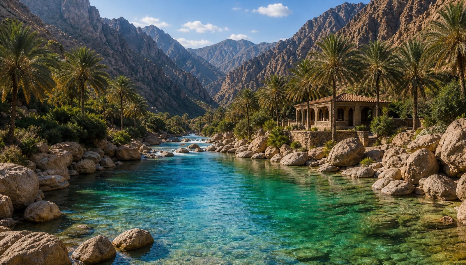 Clear turquoise wadi pools framed by palm trees and steep Hajar mountain cliffs in Oman