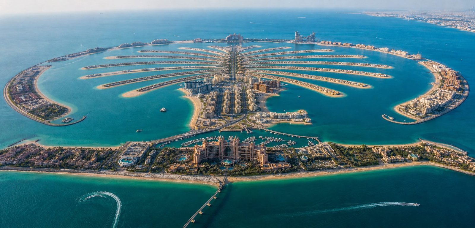 Aerial view of the Palm Jumeirah island and turquoise Gulf waters in Dubai