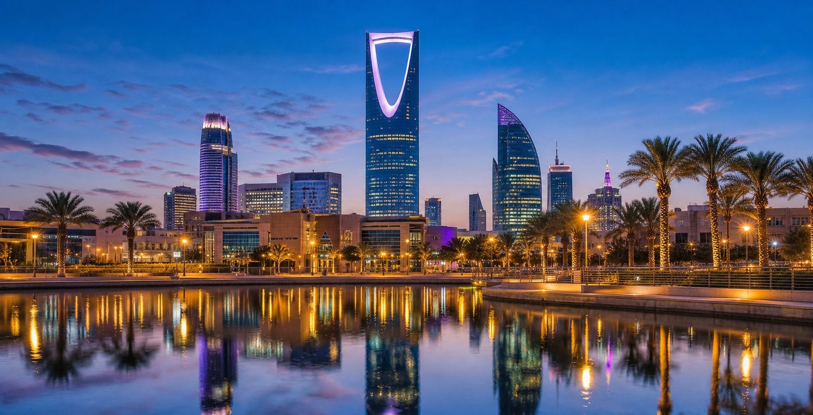 Riyadh city skyline lit at dusk with modern towers, Saudi Arabia