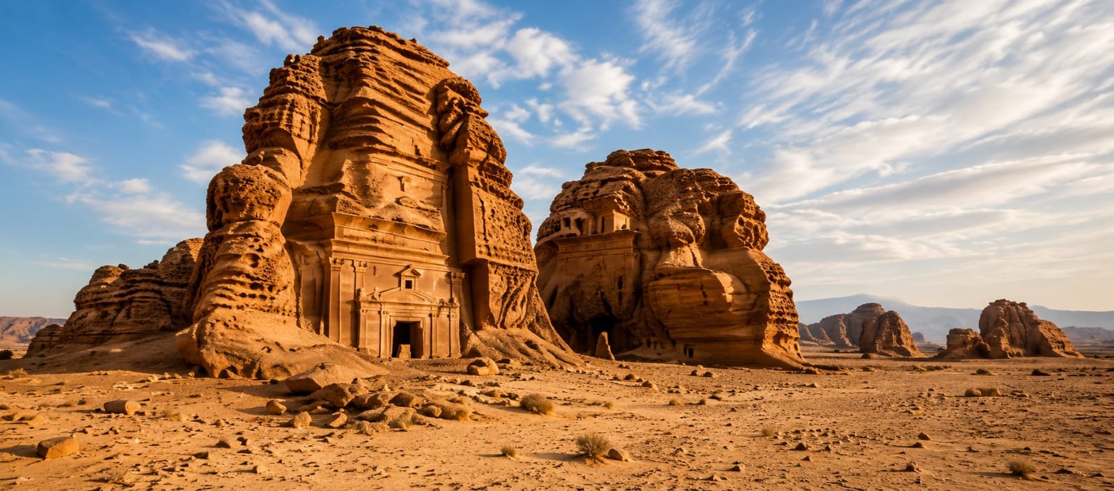 Ancient carved sandstone tombs in the Saudi Arabian desert at golden hour
