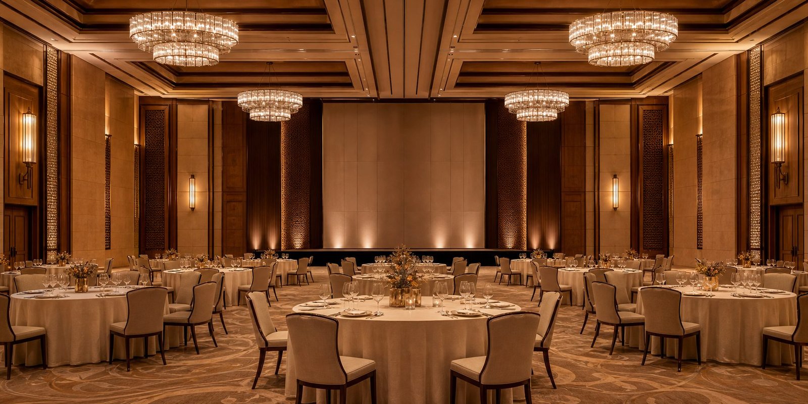 Hotel ballroom with chandeliers and round banquet tables set for a conference in Saudi Arabia