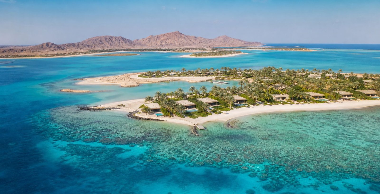 Turquoise Red Sea lagoon with islands and a coastal resort in Saudi Arabia