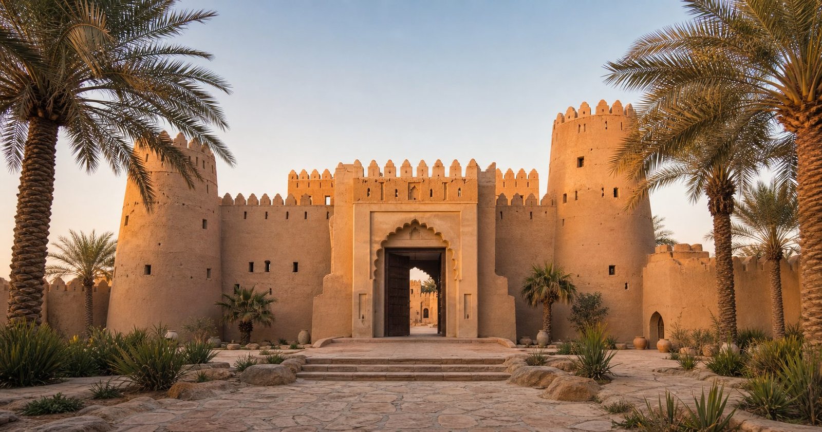 Traditional Emirati heritage fort with sand-coloured towers and battlements