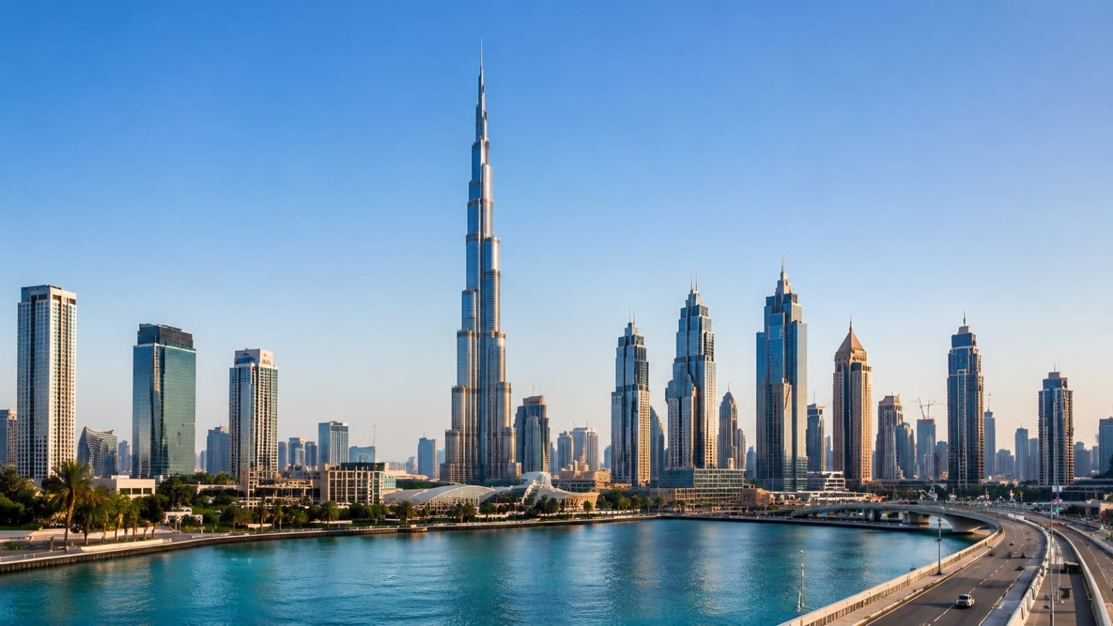 Dubai skyline with Burj Khalifa above the waterfront on a clear day